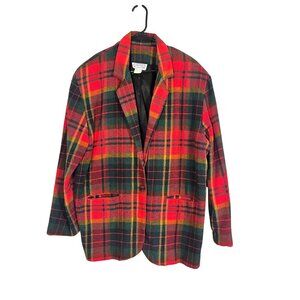 Retro Wool Plaid Jacket L Red Festive Holiday Classic Chic Preppy Striped Checks